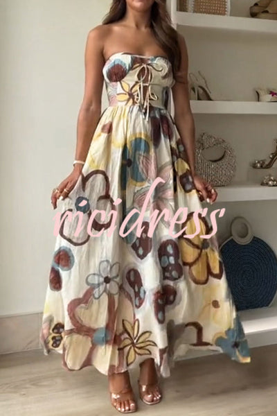 Brinley Linen Blend Floral Print Lace-up Elastic Waist Pocketed Strapless Maxi Dress