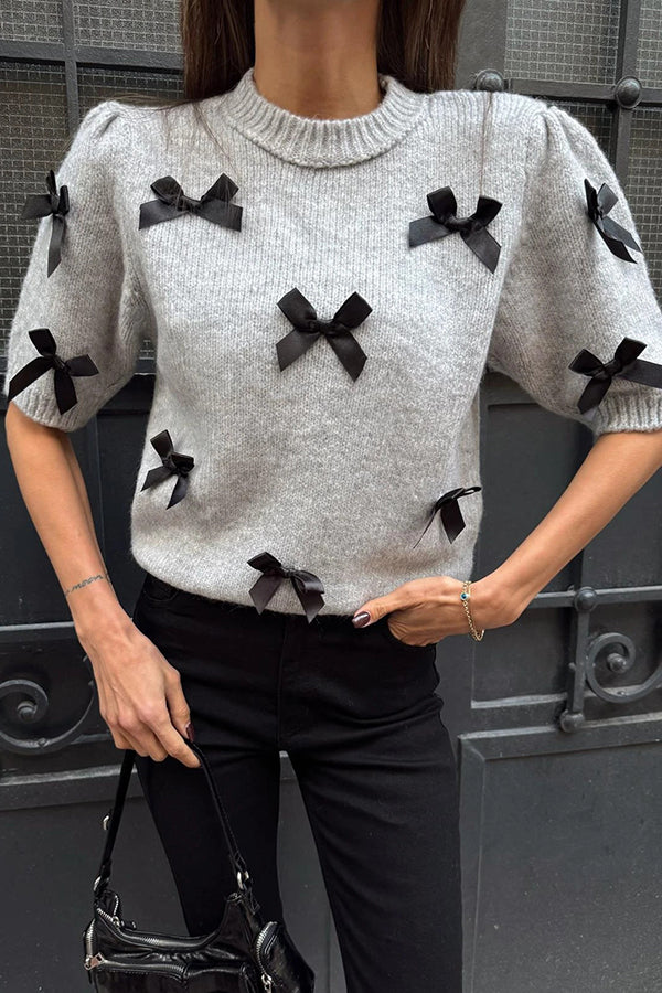 Stylish Bow Decoration Round Neck Puff Sleeve Casual Knit Sweater
