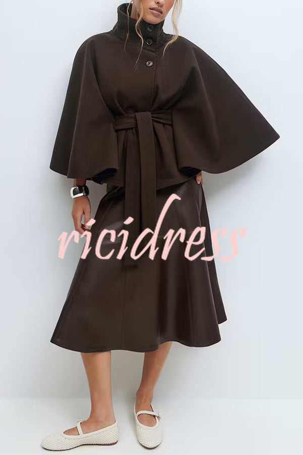 Fashionable Stand Collar Button Waist Tie Loose Cape