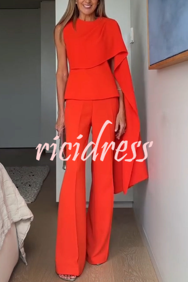 Perfect Balance Asymmetric Draped Cape Top and High Waist Flared Pants Set