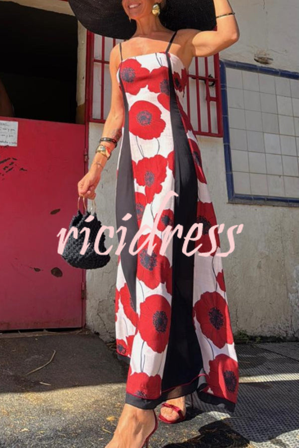 Floral Print Suspenders Paneled Back Pleated Maxi Dress