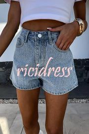 Fashion Rhinestone Loose Pocket Denim Shorts