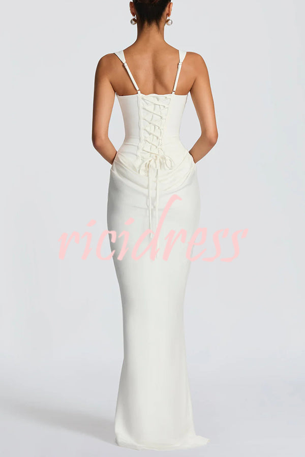 Larrah Square Neck Back Lace-up Satin Drape Hem Maxi Dress