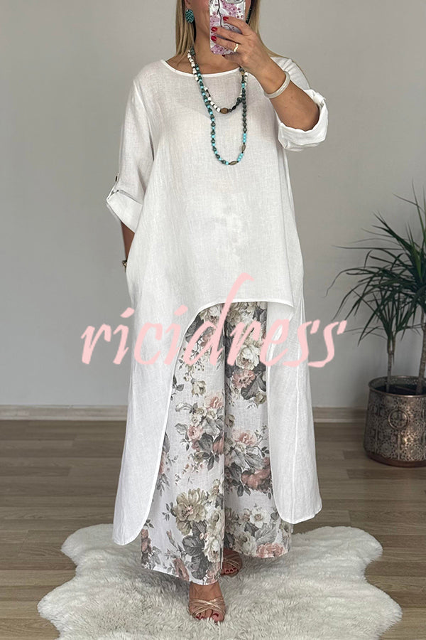 Linen Blend Crew Neck Long Sleeve Irregular Loose Top and Elastic Waist Floral Print Casual Pocket Set