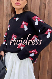 Mushroom Pattern Casual Loose Round Neck Knitted Sweater