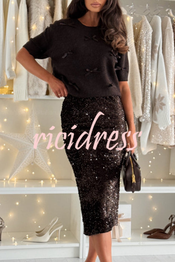 Light The Night Knit Satin Bow Detail Short Puff Sleeve Sweater