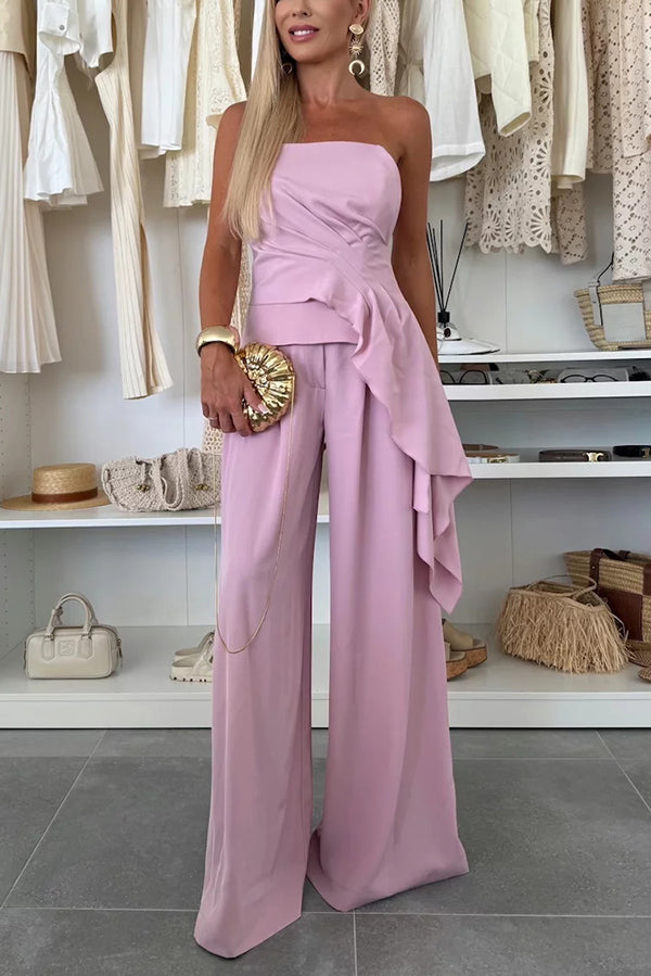 Elegant Solid Color Asymmetric Ruffles Bandeau Top and High Waist Wide Leg Pants Set
