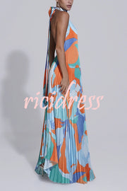 Opera Pleated Colorblock Camouflage Print Cutout Halter  A-line Maxi Dress