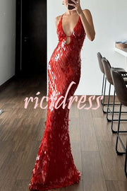 Reshape Beauty Fish Scale Sequin Cutout U-neck Slip Maxi Dress