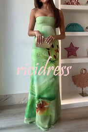 Smooth and Elegant Satin Unique Floral Print Off Shoulder Maxi Dress
