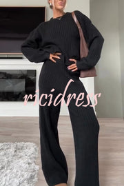 Autumn Travel Knit Cable Long Sleeve Sweater and Elastic High Waist Wide Leg Pants Set