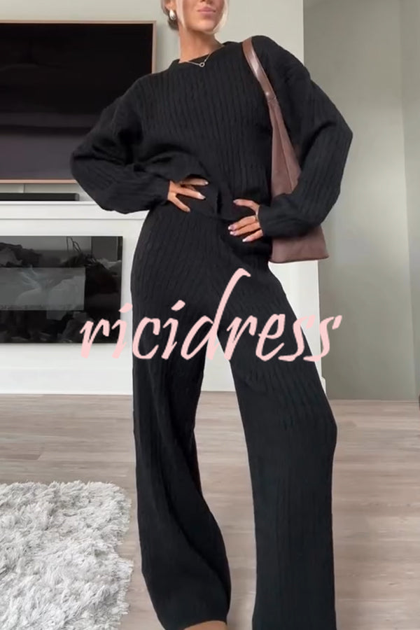 Autumn Travel Knit Cable Long Sleeve Sweater and Elastic High Waist Wide Leg Pants Set