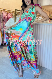 Queens of Creation Unique Print One Shoulder Tie-up Pocketed Loose Maxi Dress