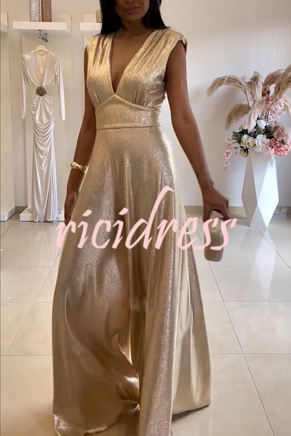 Roisin Metallic Fabric Ruched Shoulder V-neck Wide Leg Drape Jumpsuit