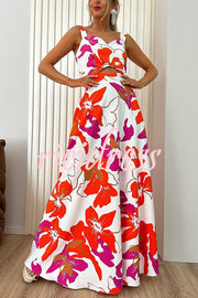 Stylish Floral Print Sling Top and Large Hem Pockets Maxi Skirt Set