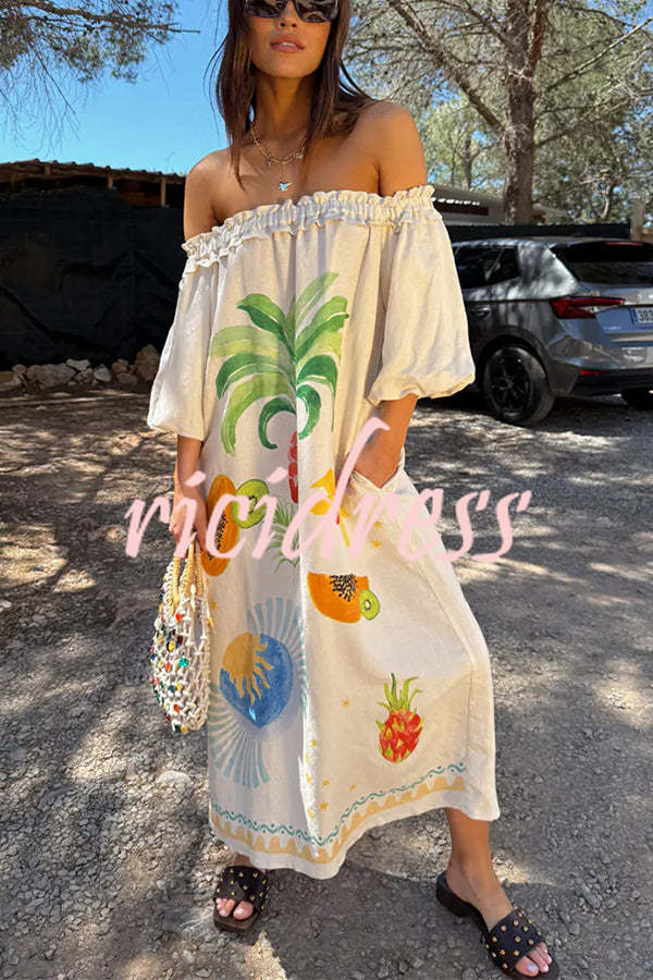 Sunveil Linen Blend Unique Print Puff Sleeve Pocket Strapless Maxi Dress