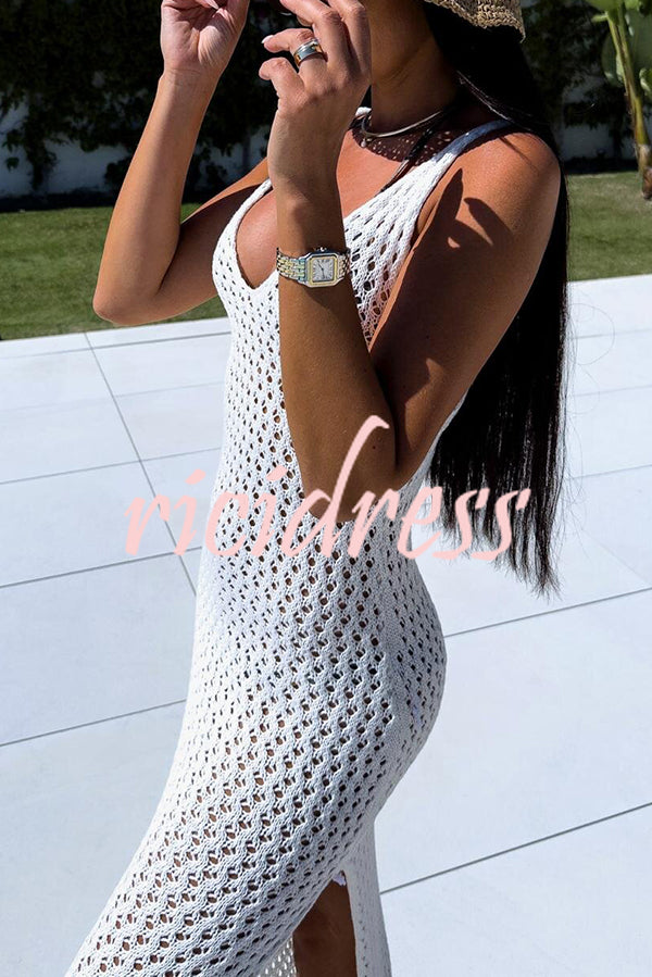 Solid Color V-neck Hollow Beach Knitted Cover-up Midi Dress