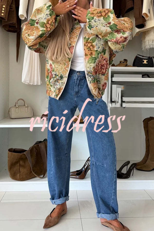 Floral Print Loose Long-sleeved Zip-up Jacket
