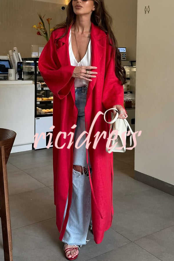 Linen Blend Solid Color Casual Lapel Tie Loose Maxi Dress