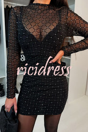 Sexy Language Mesh Glitter Fabric Long Sleeve Stretch Mini Dress