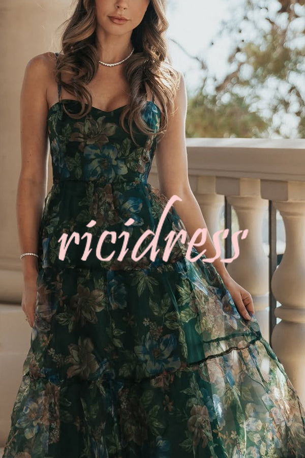 Exclusive Glamour Organza Floral Print Tiered Slip Maxi Dress