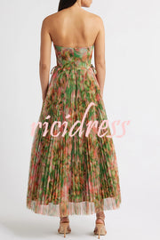 Romantic Factor Pleated Mesh Watercolor Print Bow Detail Strapless Maxi Dress