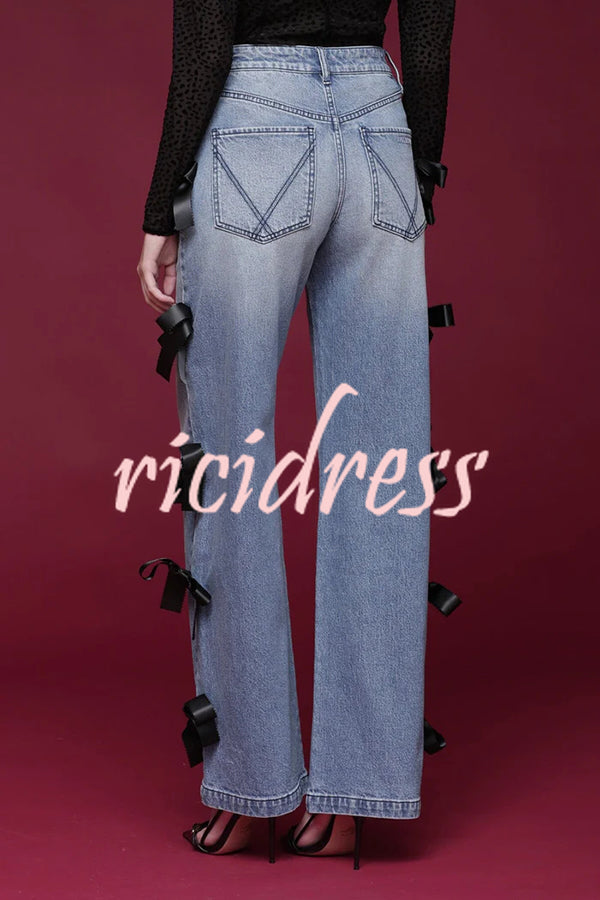 Runway Muse Denim High Rise Bow Trim Pocketed Wide Leg Jeans