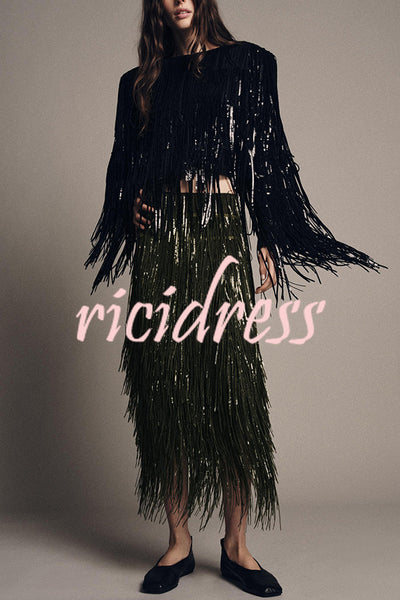 Stylish Sequined Tassel Elegant Midi Skirt