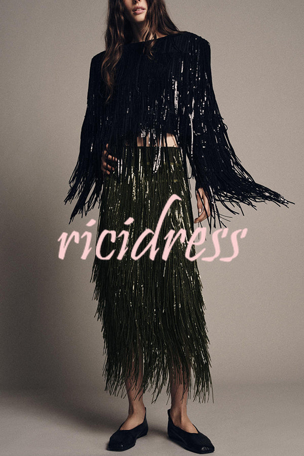 Stylish Sequined Tassel Elegant Midi Skirt