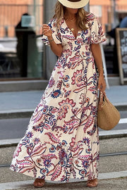 Unique Print V-Neck Waist Holiday Maxi Dress