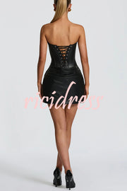 Palmer Faux Leather Pleated Off Shoulder Neck Slit Stretch Mini Dress