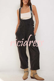 Fashionable Casual Side Pocket Button Loose Denim Overalls