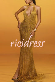 Glimmer Hour Shiny Layered Tassels Halter Cutout Neck Split Maxi Dress