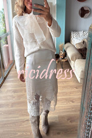 Lola Satin Lace Trim High Rise Side Zipper Loose Midi Skirt