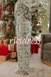Christmas Night Satin Loose Shirt and Elastic Waist Pocketed Pajama Set