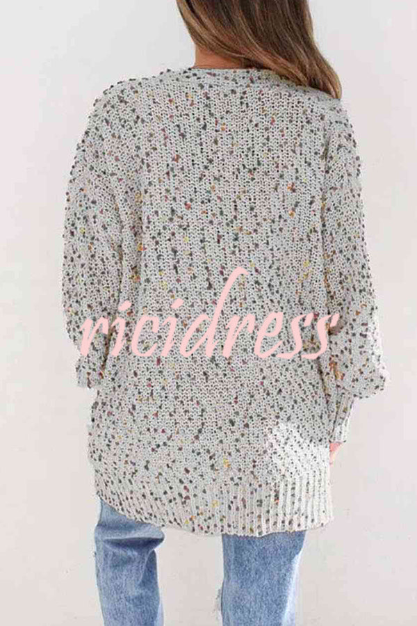 Aminga Colorful Spotted Pocket Crochet Long Sleeved Cardigan