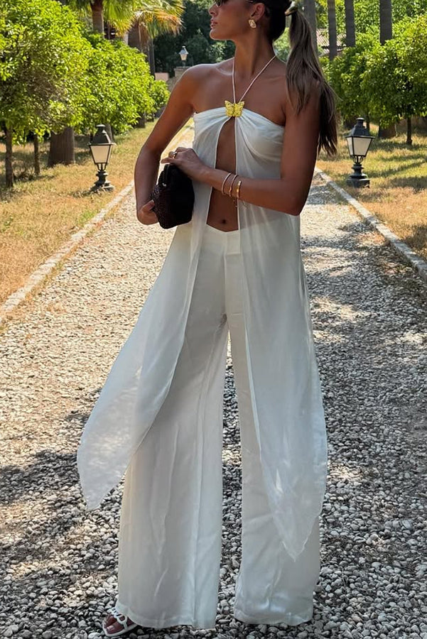 Lily Metal Flower Front Slit Halter Midi Top and V-waist Wide Leg Pants Set