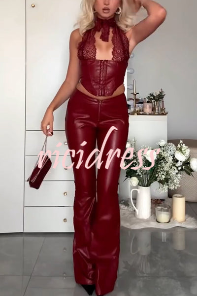 Style Challenge Stretch Faux Leather Lace Halter Tank and Zipper Waist Flare Pants Set