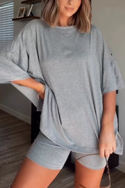 Solid Color Loose Short-sleeved Top and Stretch Casual Shorts Set