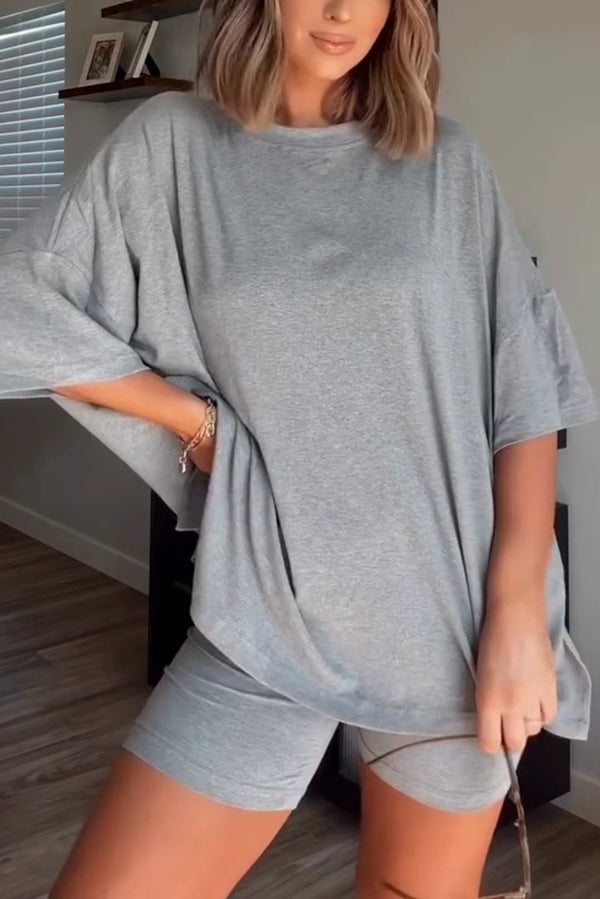 Solid Color Loose Short-sleeved Top and Stretch Casual Shorts Set