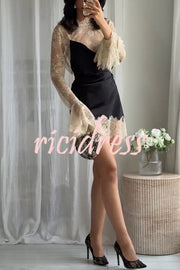 Gothic Romantic Lace Satin Patchwork High Neck Bell Sleeve Loose Mini Dress
