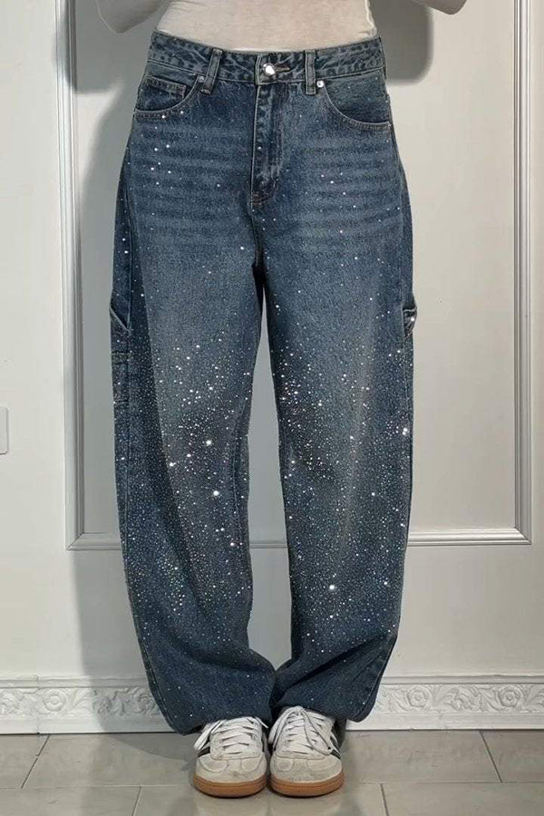 Fashionable Rhinestone Mid-rise Loose Pocket Straight Jeans