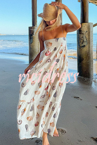 Long Weekend Linen Blend Shells Unique Print Smocked Pocket Lightweight Maxi Dress
