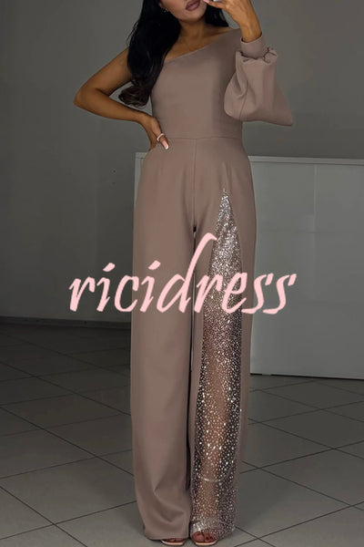 Carlisle One Shoulder Slit Lantern Sleeve Sequin Patchwork Wide Leg Party Jumpsuit