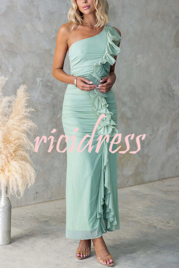 Fashion One-shoulder Pleated Sexy High Slit Slim Dress