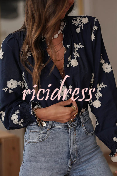 Floral Embroidery Long-Sleeved Button-Up Elegant Shirt