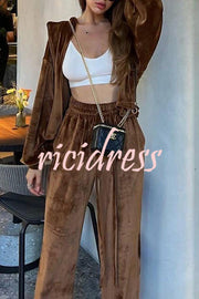 Velvet Zip Up Hooded Top and Drawstring Pants Two Piece Set