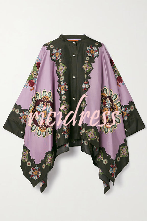 Satin Unique Print Loose Batwing Sleeve Top and Elastic Waist Pocket Casual Wide-leg Pants Set
