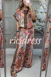 Unique Printed Loose Short-sleeved Top and Elastic Waist Casual Wide-leg Pants Set