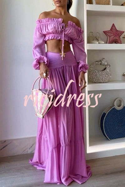 Flamenco Inspired Gathered Off Shoulder Crop Blouse and Seastar Layered Maxi Skirt Set